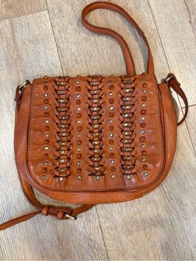 Marta Ponti Portugal Cognac Leather Studded Crossbody Bag Artisan Saddle Purse